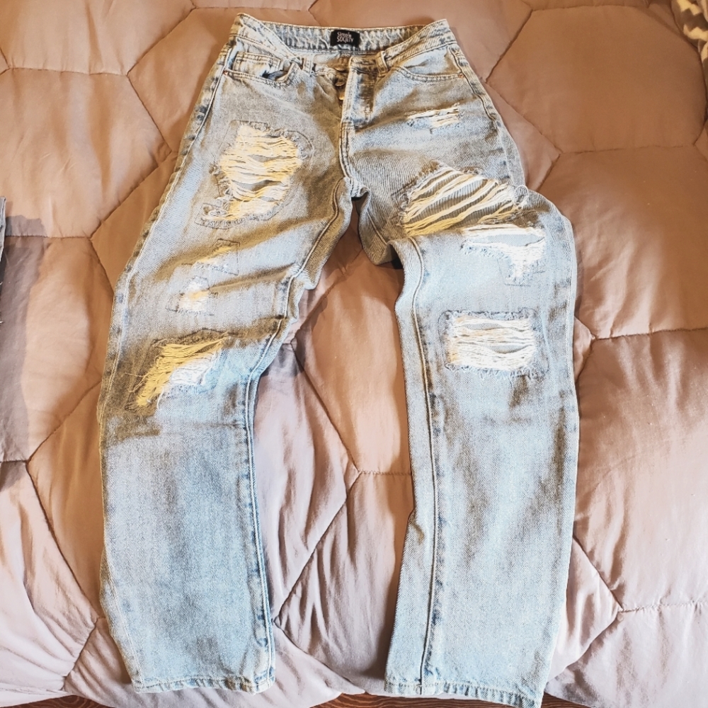 Ladies High Waisted Distressed Jeans
